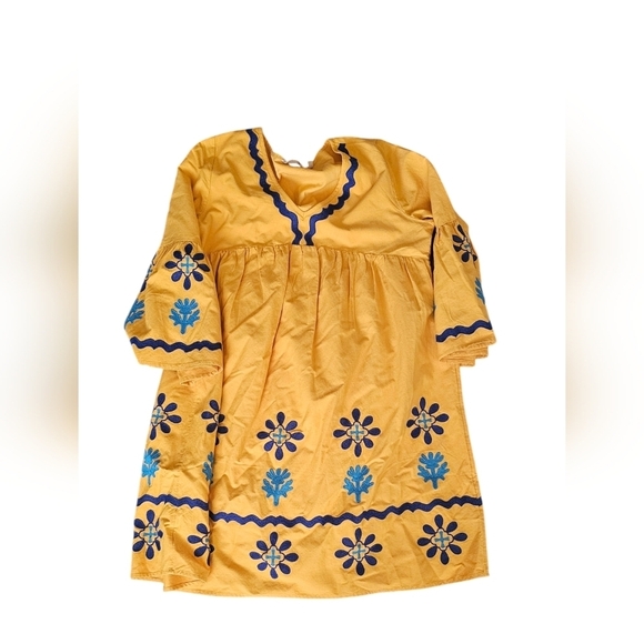 Soft Surroundings Petra Dress Embroidered Yellow Dress with Blue Accents - Picture 5 of 7